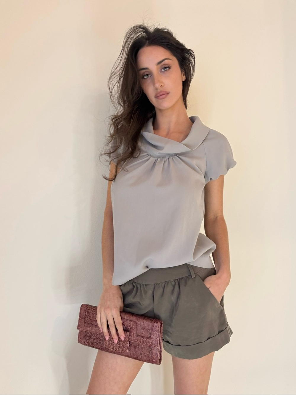Apostrophe Light Gray Draped Collar Blouse
